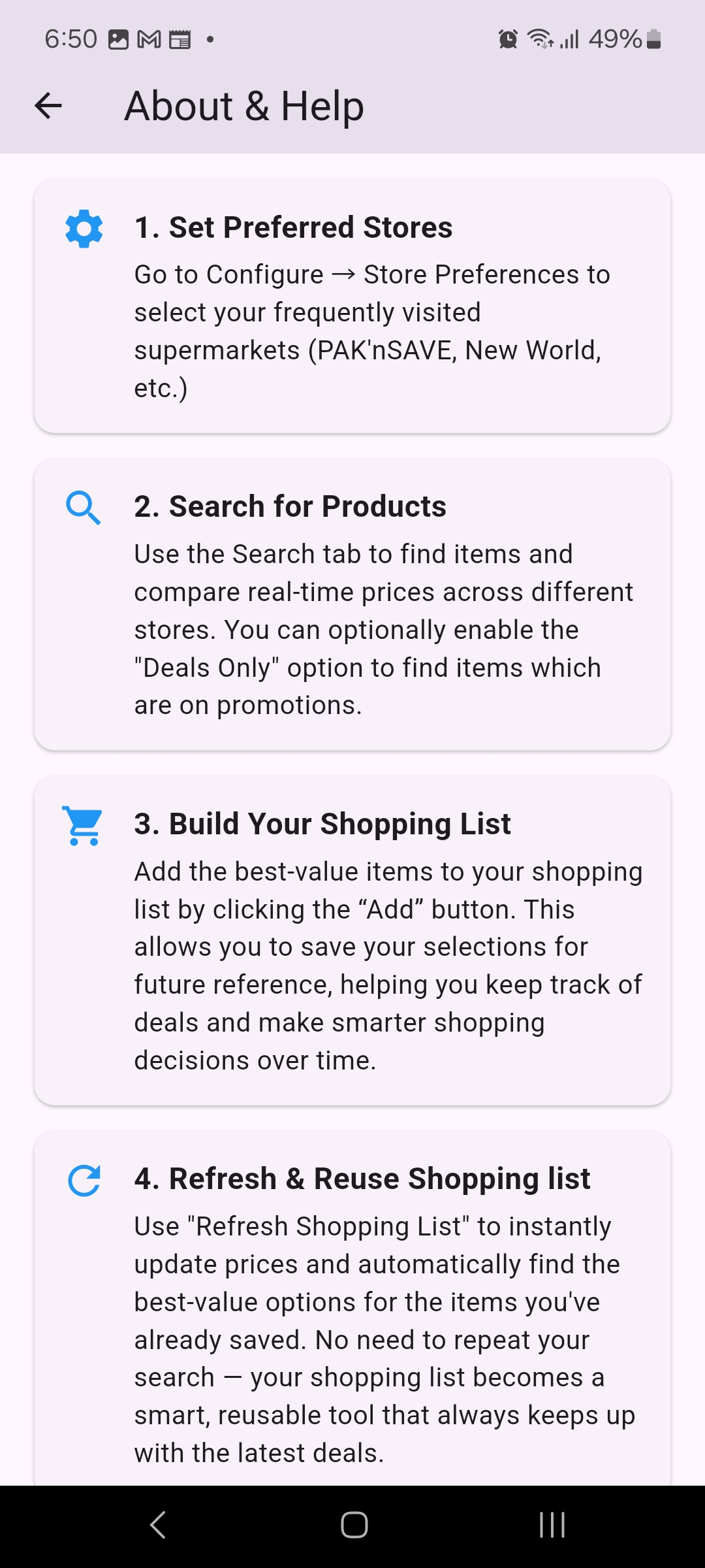 About & Help screen