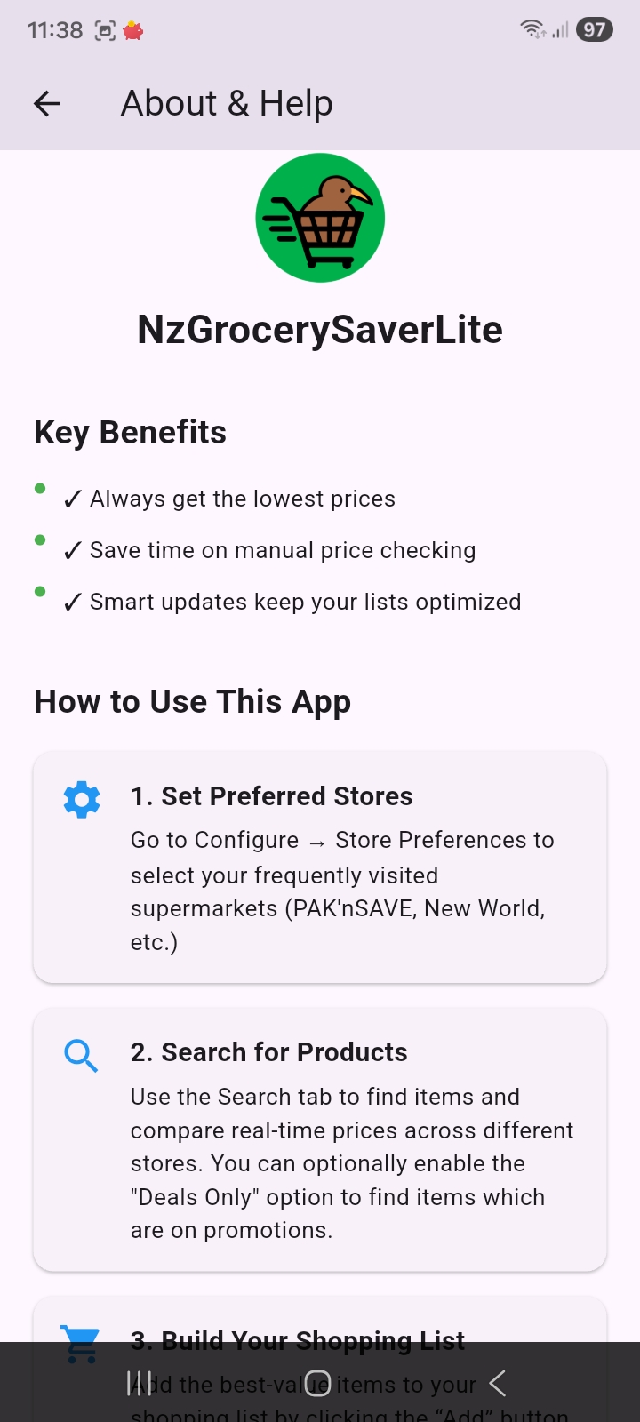 Grocery shopping help and support screen
