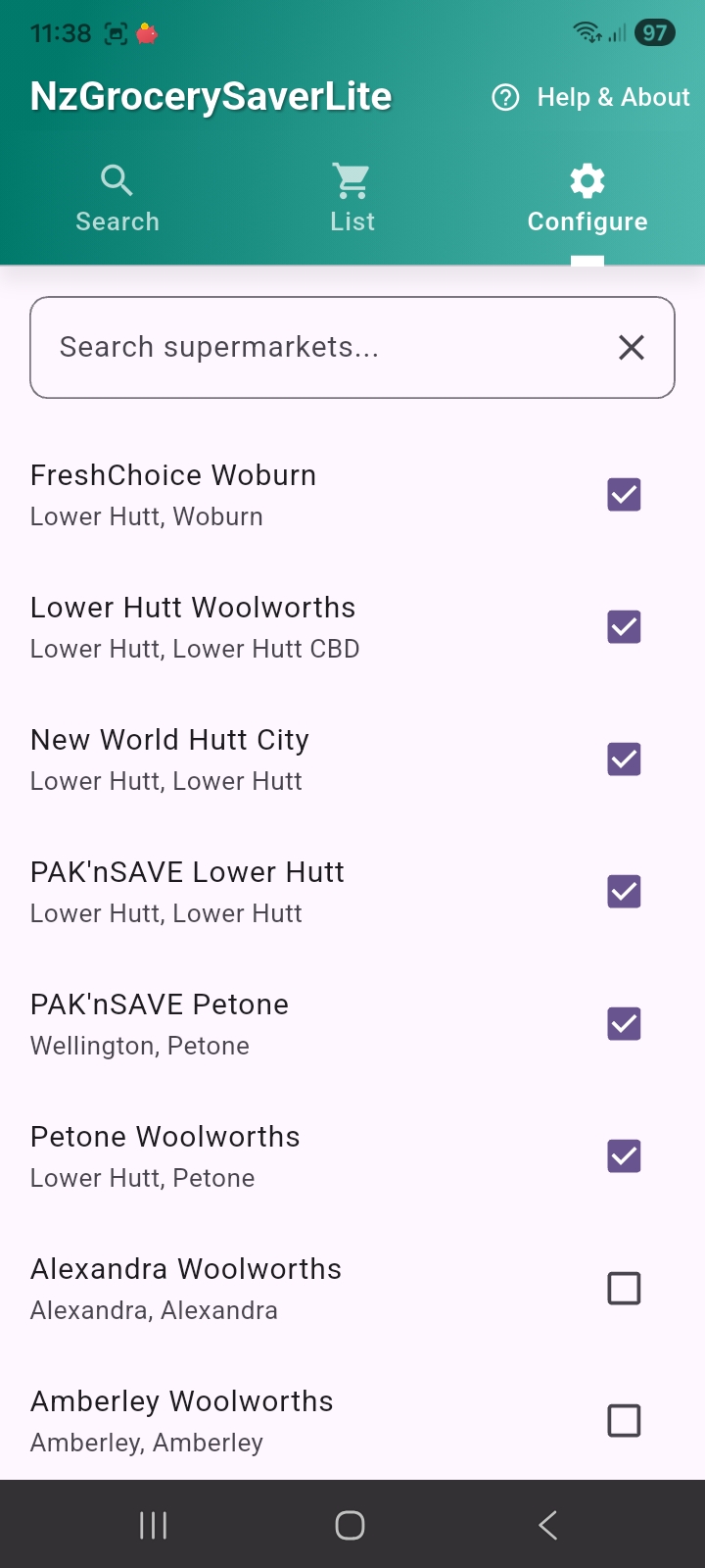 Configure preferred NZ grocery stores screen