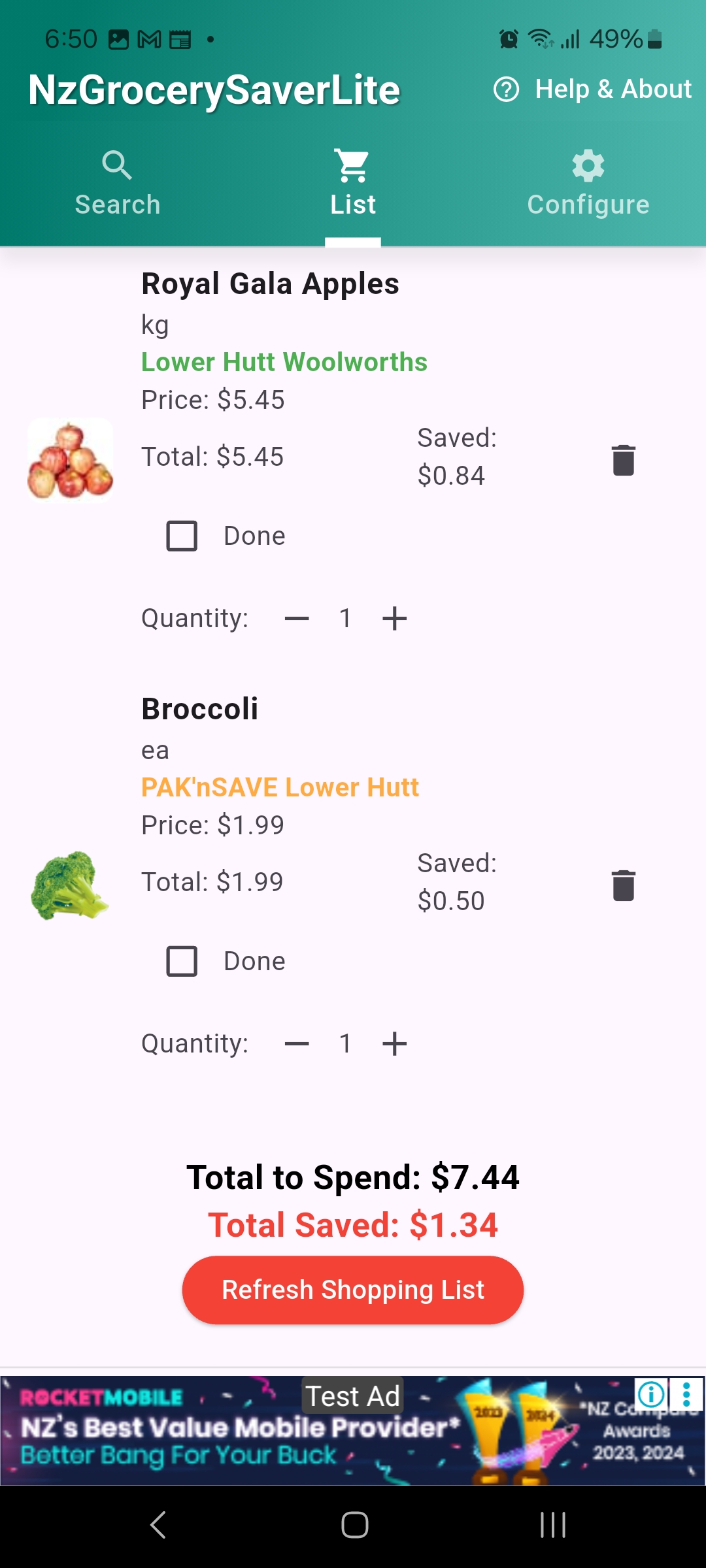 Refreshable smart shopping list screen
