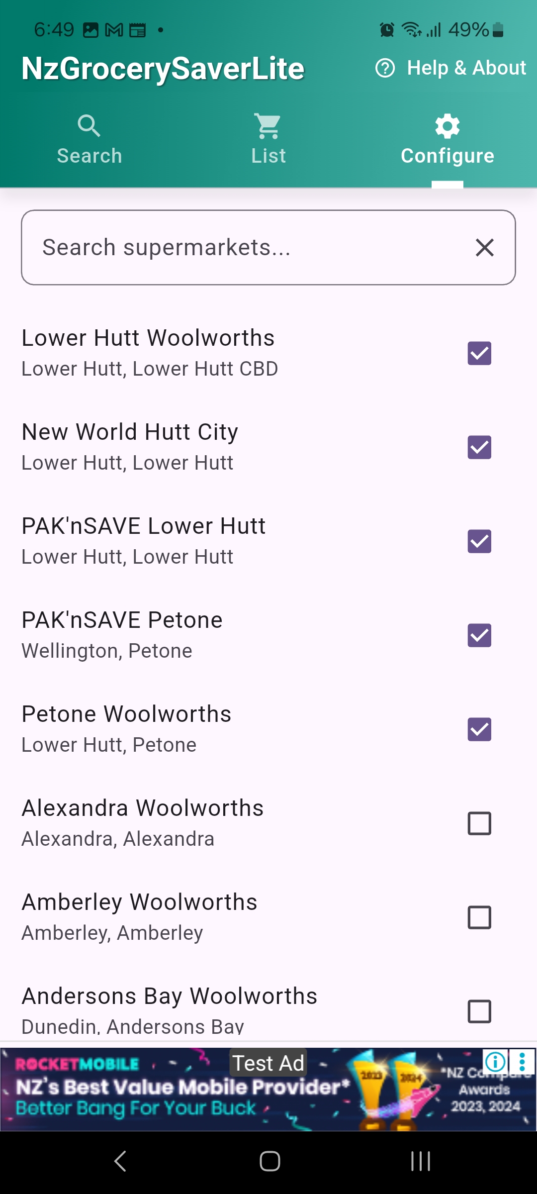 Configure preferred supermarkets screen
